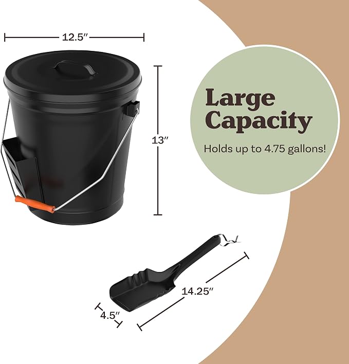 Ash Bucket - 4.75-Gallon Metal Bucket - Heat Resistant Fireplace Tools by Pure - Image 4
