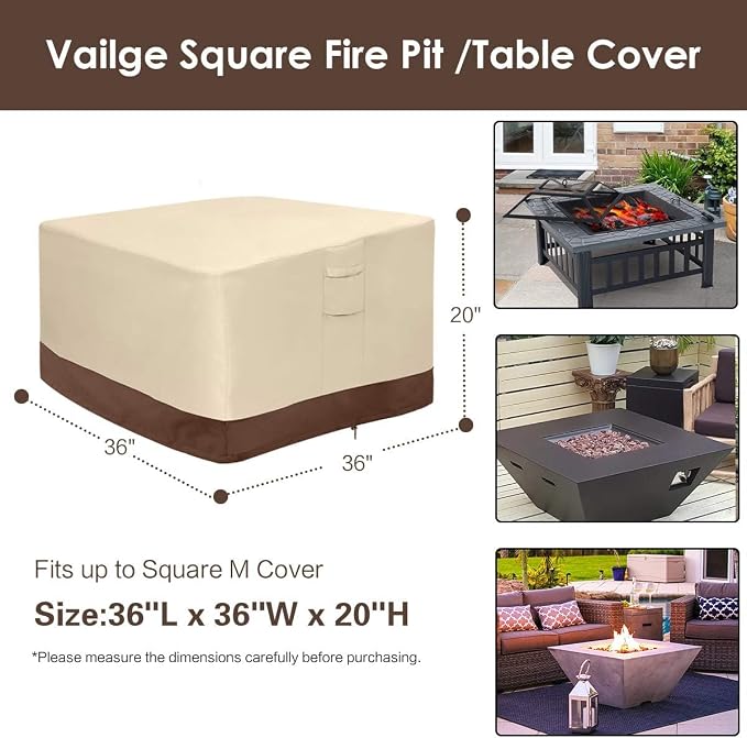 Vailge Fire Pit Cover Square, 100% Waterproof Square Gas Firepit Table Cover - Image 2
