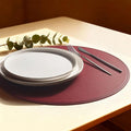 Round Vinyl Burgundy Placemats Set of 6, Faux Leather Waterproof Wipeable Heat by Rinpon