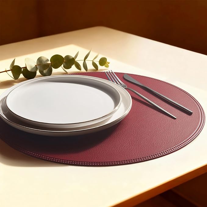Round Vinyl Burgundy Placemats Set of 6, Faux Leather Waterproof Wipeable Heat by Rinpon