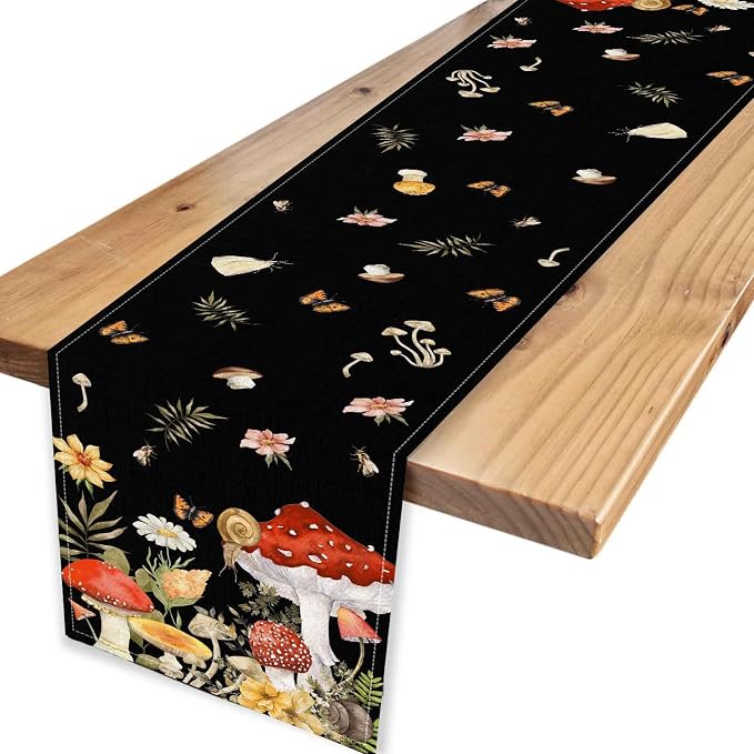 Mushroom Table Runner, Rustic Farmhouse Forest PlantsBotanical Wildfloral - Image 4
