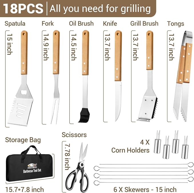 18pcs Wooden Grill Tool Set, BBQ Accessories Heavy Duty Stainless Steel Grill - Image 2