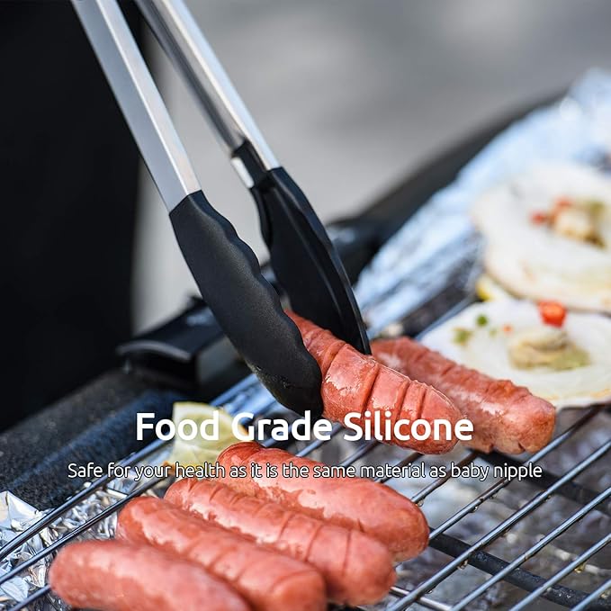 Tongs with Stainless Steel Handles and Silicone Tips, 7 to 12 Inch, Black