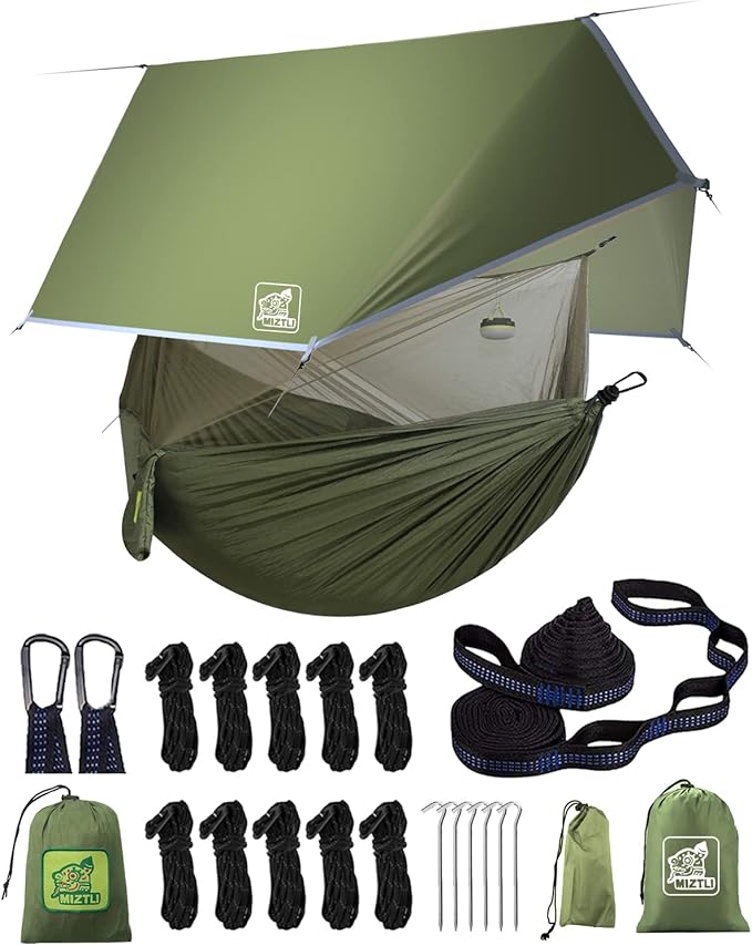 Hammock with Net and Rain Fly, Green Nylon, 500 lb Capacity