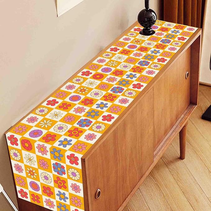 70s Table Runner, Retro Groovy Hippie Daisy Floral Colorful Checkered Funky - Image 3