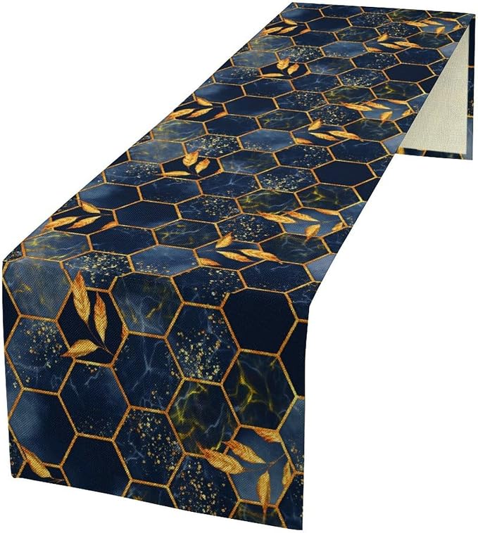 Marble Table Runner, Dark Blue Gold Modern Marble Leaf Aesthetic Geometric by Unknown