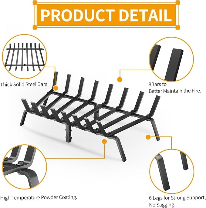 Heavy Duty 27Inch Fireplace Grate, Solid Steel Log Rack - Image 4