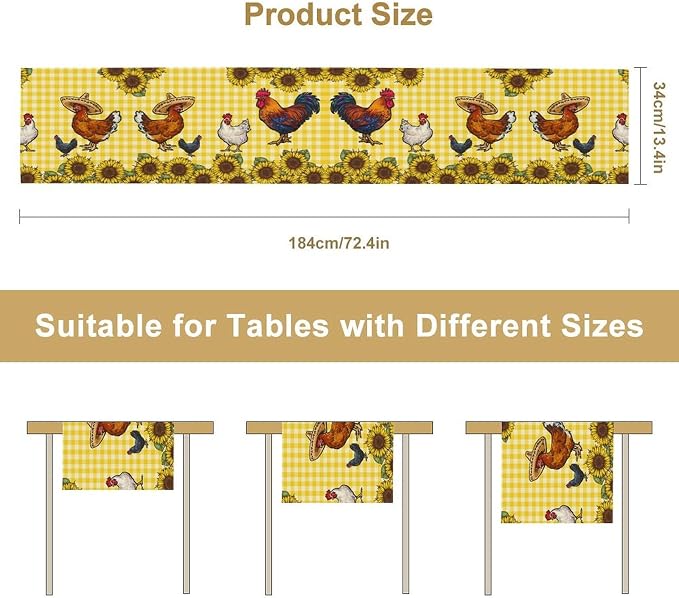 Farm Rooster Table Runner, Retro Western Farmhouse Chicken Sunflower Retro - Image 8