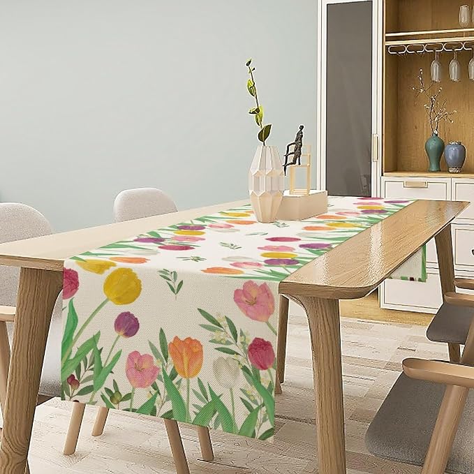 Tulips Spring Table Runner, Rustic Farmhouse Watercolor Botanical Colorful - Image 2