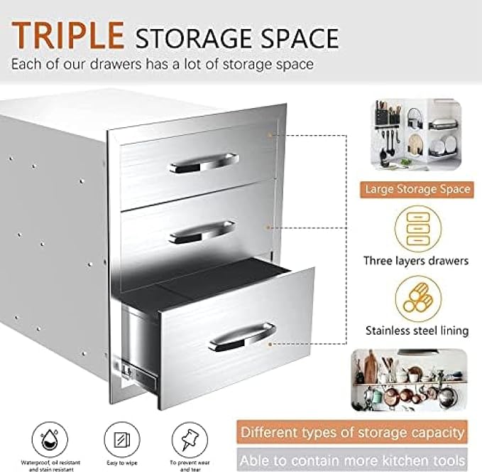 BBQ Outdoor Kitchen Drawers Stainless Steel 3-Drawer Enclosed Built-in Flush - Image 4