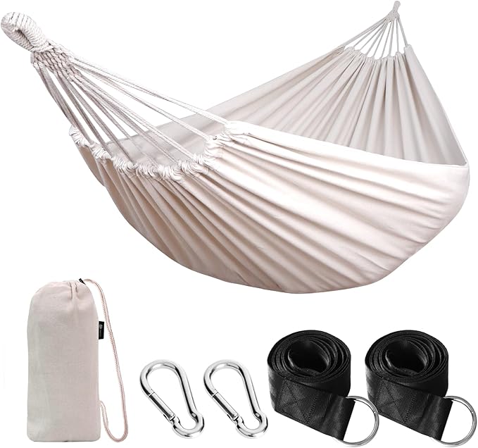 Hammock in White Cotton, Portable Camping Hammock with Anti-Rollover Design