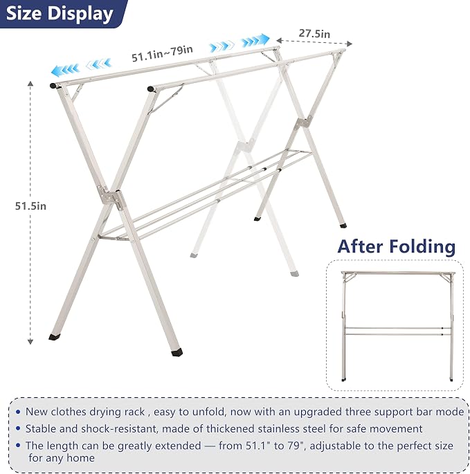 79 inches Foldable Clothes Drying Rack, Heavy Duty Stainless Steel Laundry - Image 2