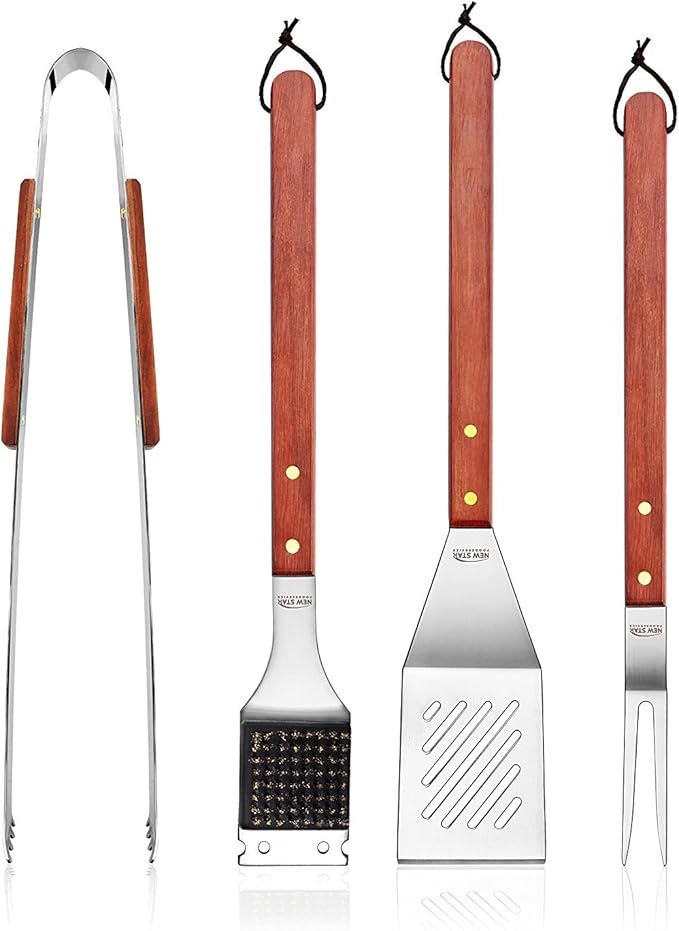 Barbecue Tool Set, 4-Piece Stainless Steel with Hardwood Handles