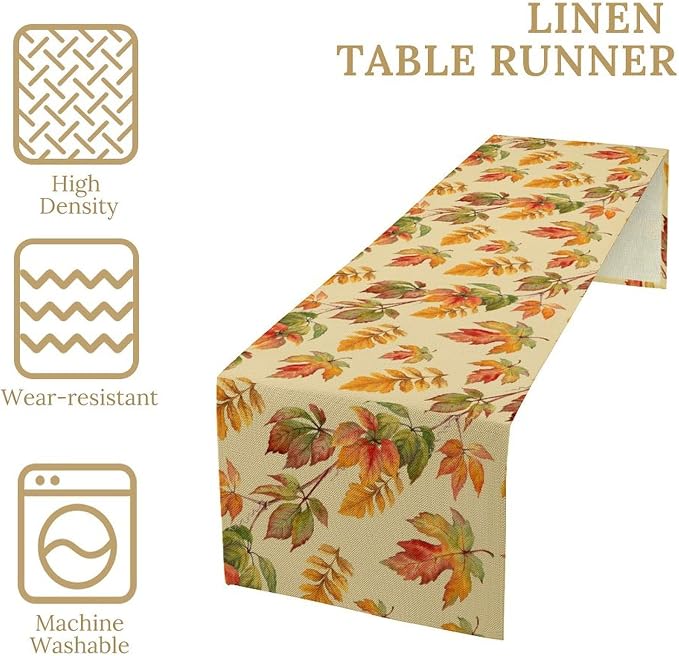 Fall Table Runner, Autumn Orange Yellow Maple Leaves Rustic Thanksgiving - Image 3