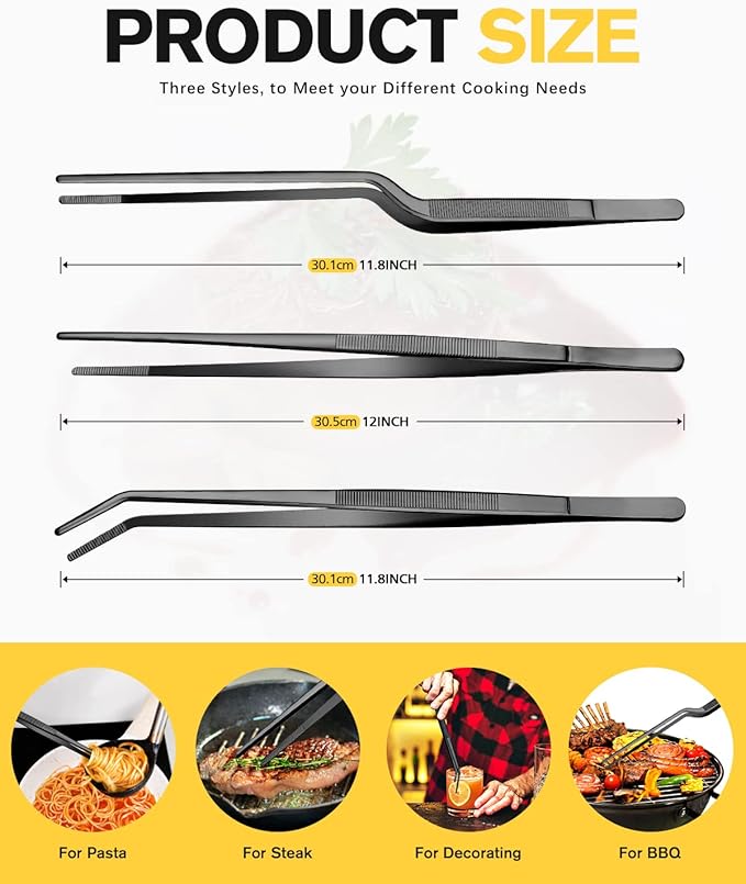 Tongs, 3-Piece Set, 12 Inch Black 304 Stainless Steel