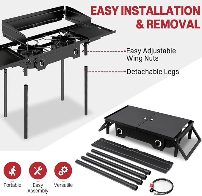 2 Burner Propane Camp Stove | 150, 000 BTU Gas Burners | Side Shelves | - Image 5