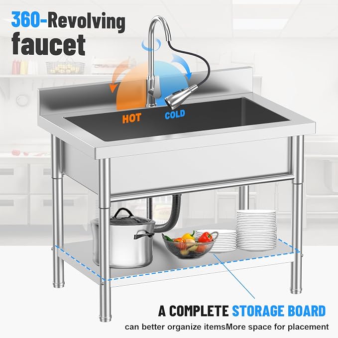 40Inch Stainless Steel Utility Sink, Free Standing Single Bowl Kitchen Sink - Image 2