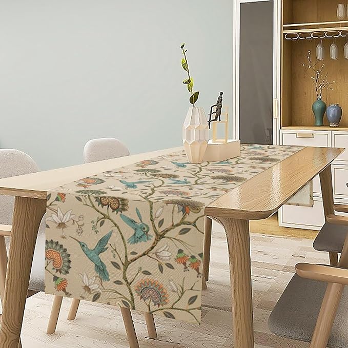 Floral Bird Table Runner, Vintage Boho Flower Birds Print William Morris Style - Image 3