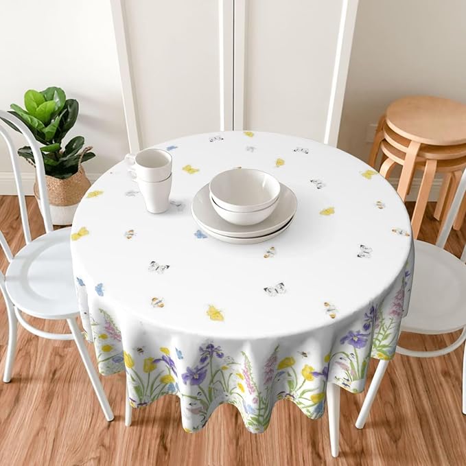 Spring Easter Round Tablecloth 70 Inch, Bunny Colorful Flower Butterfly - Image 4