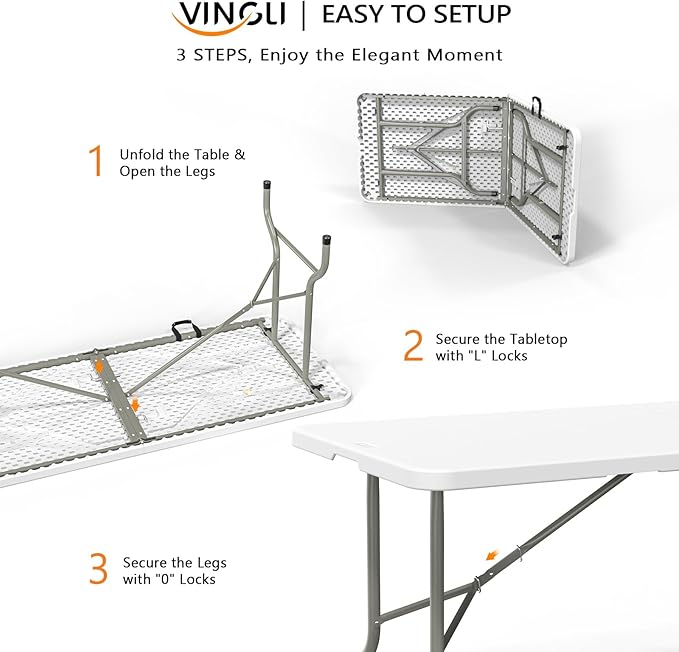 VINGLI 8 Foot Plastic Folding Table Portable Long Table - Image 5