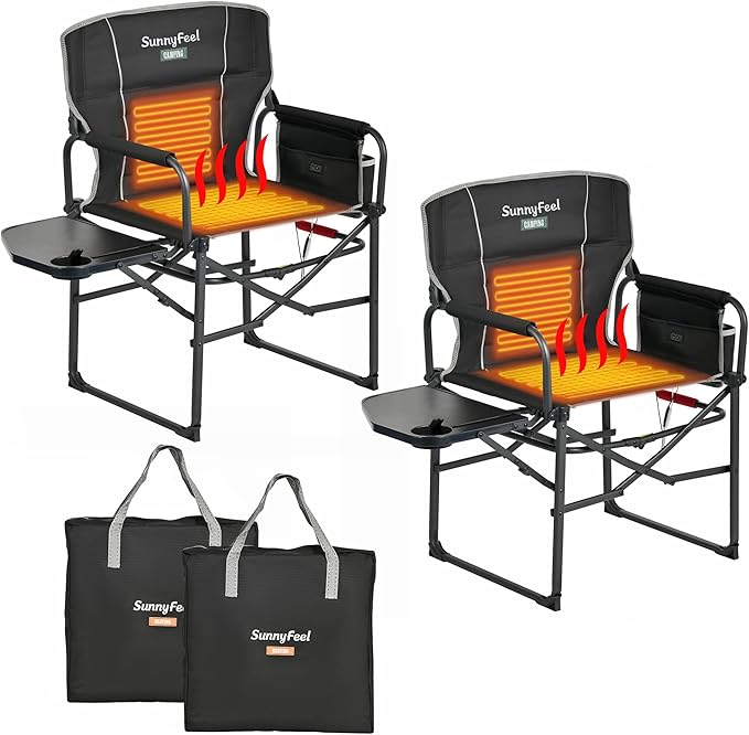 Chairs: Heated Folding Camp Chair with Side Table, Black