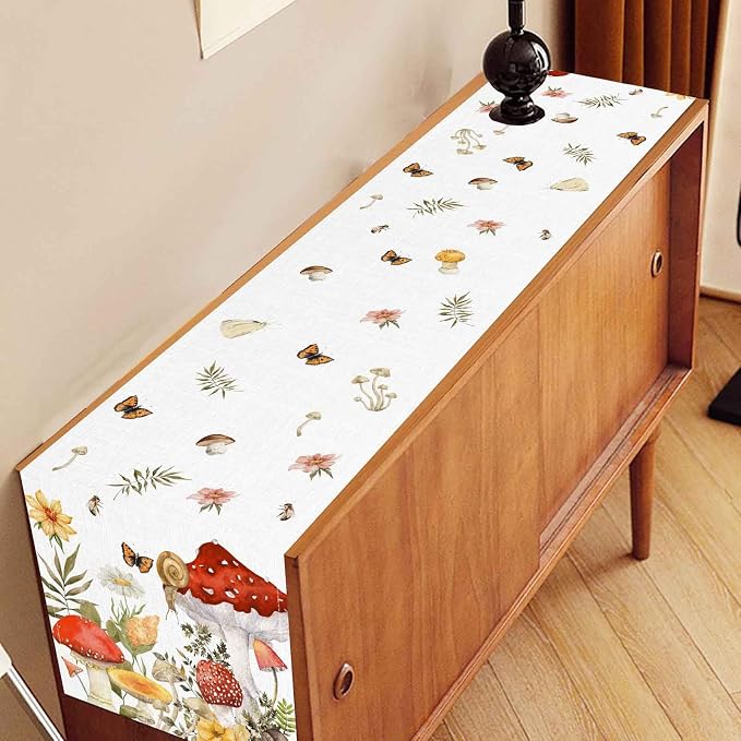 Mushroom Table Runner, Rustic Farmhouse Forest Plants Botanical Wildfloral - Image 3