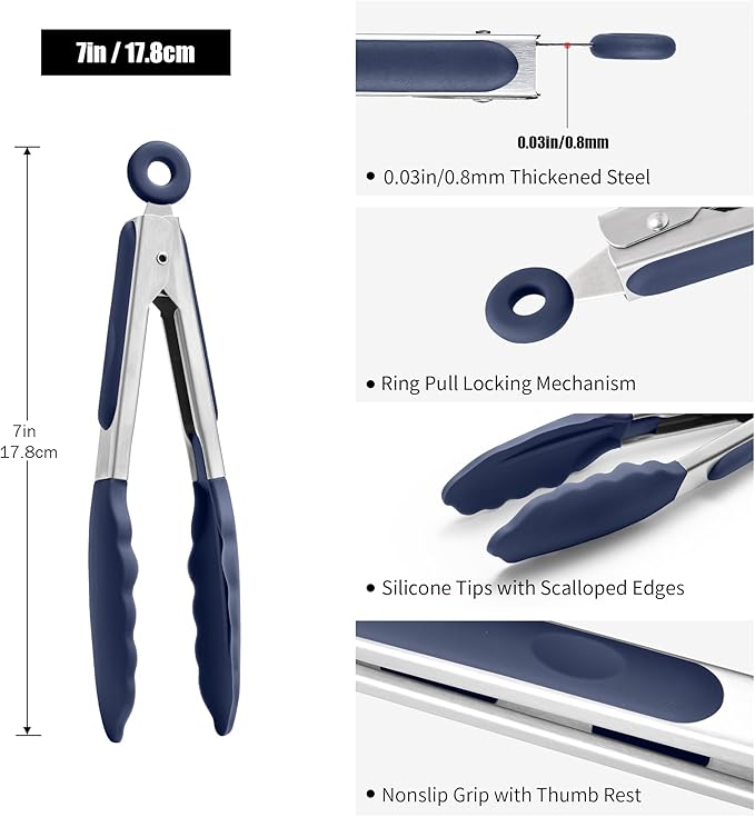 Navy Blue Locking Tongs, 10.5-Inch Stainless Steel with Silicone Tips