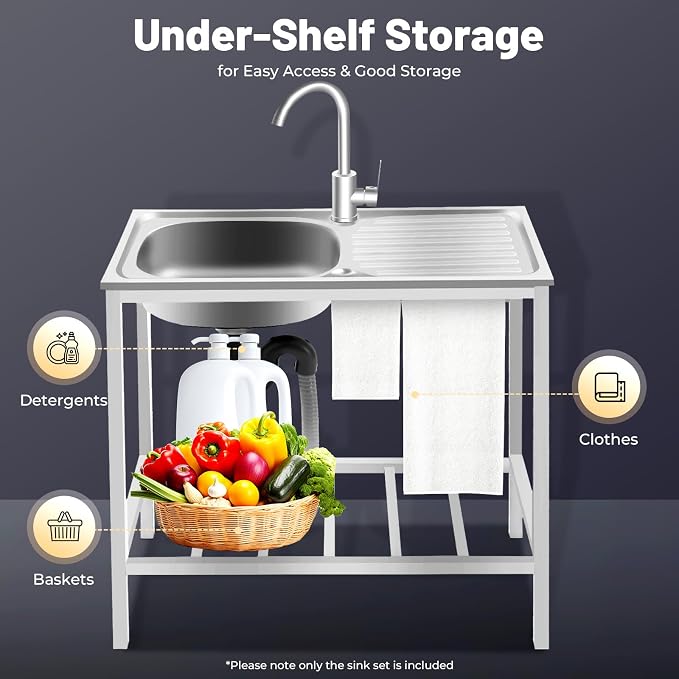 Portable Outdoor Utility Sink, Free Standing Single Bowl Kitchen Sink - Image 7