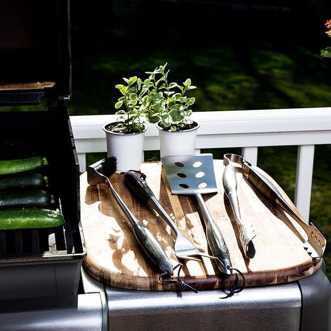 Barbecue Tool Set, 4-Piece Stainless Steel with Ash Wood Handles