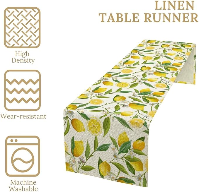 Lemon Table Runner, Summer Fruits Green Leaves Flower Plant Table Runner - Image 6
