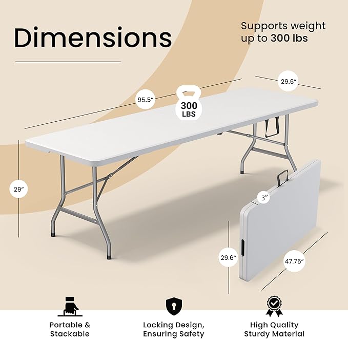 8 Feet Foldable Table with Built in Handle & Steel Legs | Heavy Duty Portable | - Image 2