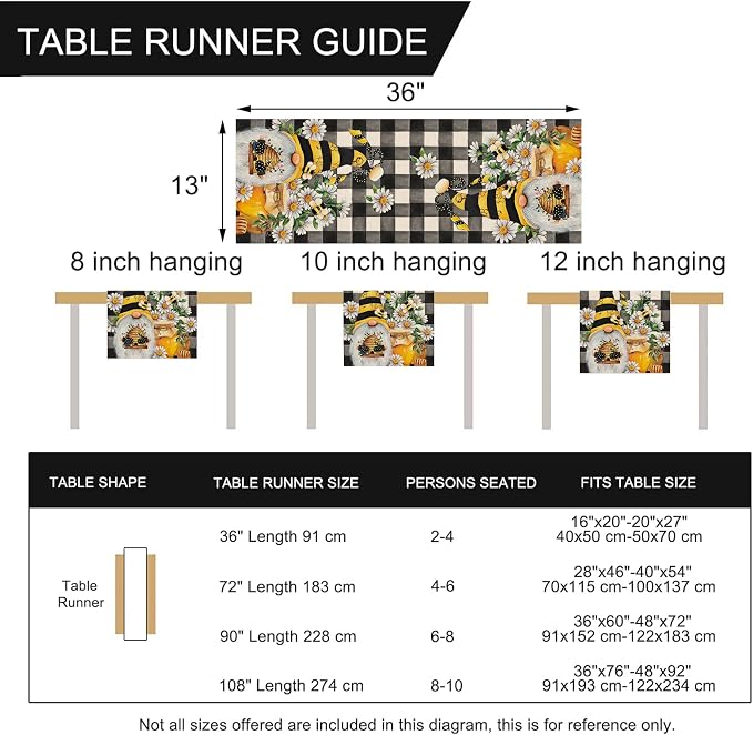 Seliem Spring Bee Gnome Table Runner, Honey Black White Buffalo Plaid Check - Image 7