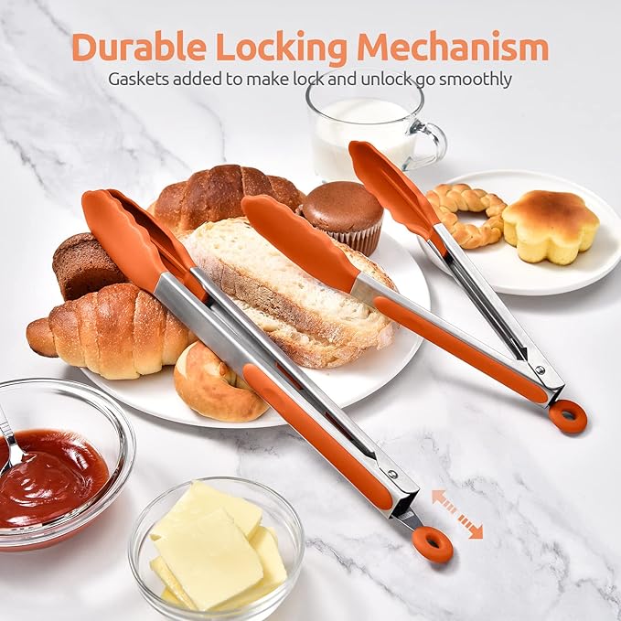 Tongs with Silicone Tips, 18/8 Stainless Steel Handles and Lock, Orange