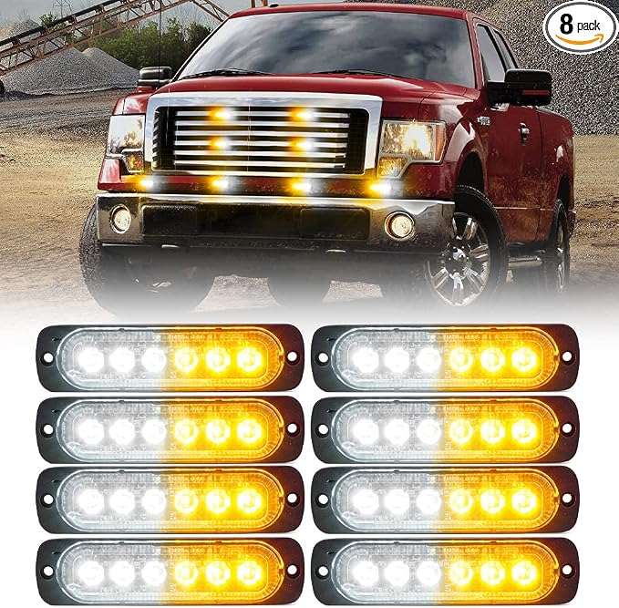 Xprite 8PCS LED Emergency Strobe Lights, Amber White 12-LED Surface Mount by Xprite