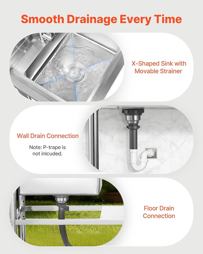 VEVOR Stainless Steel Utility Sink, Free Standing Single Bowl Commercial - Image 5