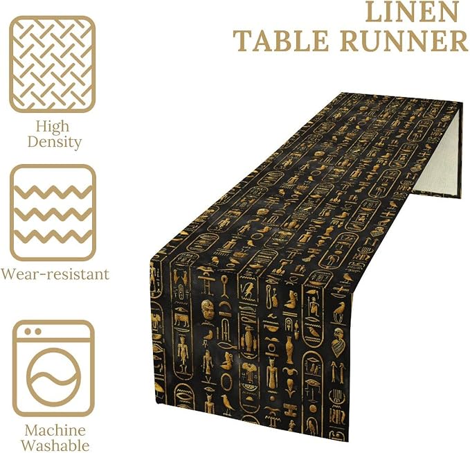 Egyptian Table Runner, Retro Egypt Mythology African Hieroglyphics Alphabet - Image 6