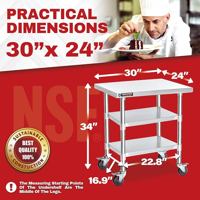 DuraSteel Stainless Steel Work Table 30" x 24" x 34" Height w/ 4 Caster Wheels - Image 2