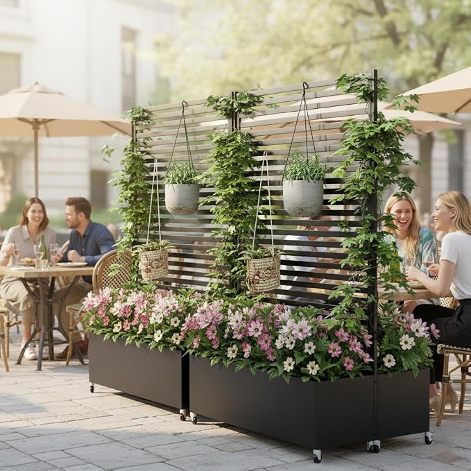 Double Metal Planter Box with Trellis Privacy Screen, Raised Garden Bed with - Image 2