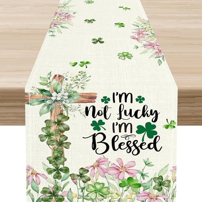 Cross Clover Table Runner, Rustic Beige Pink Floral Green Shamrock St.Patrick's by Unknown