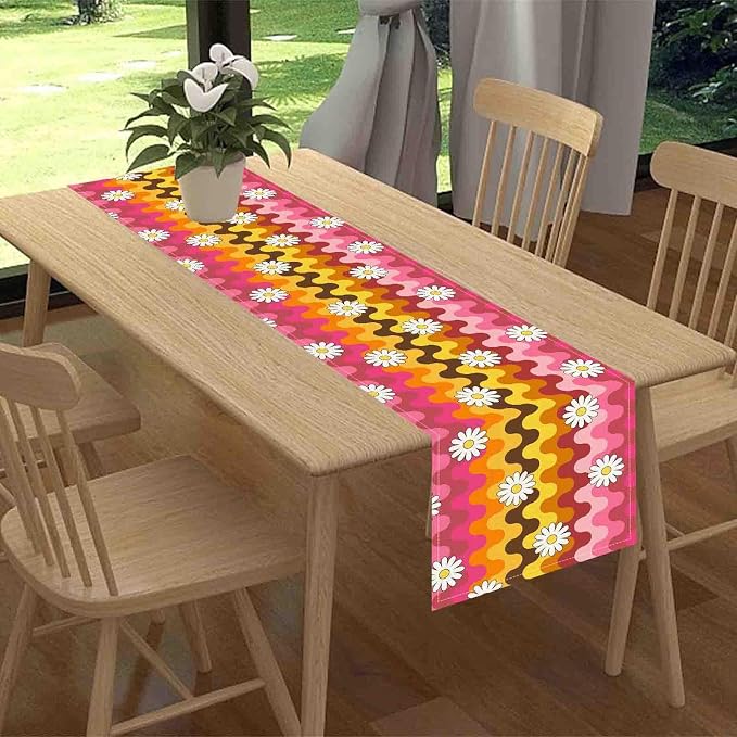 70s Table Runner, Retro Groovy Hippie Daisy Floral Pink Yellow Wave Funky - Image 2