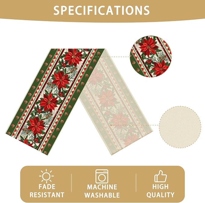 Christmas Flower Table Runner Burlap Kitchen Dining Linen Table Decoration - Image 3