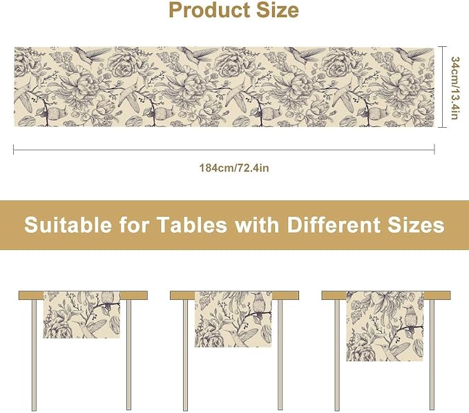 Retro Floral Bird Table Runner, Vintage Boho Rose Flower Birds Table Runner - Image 8