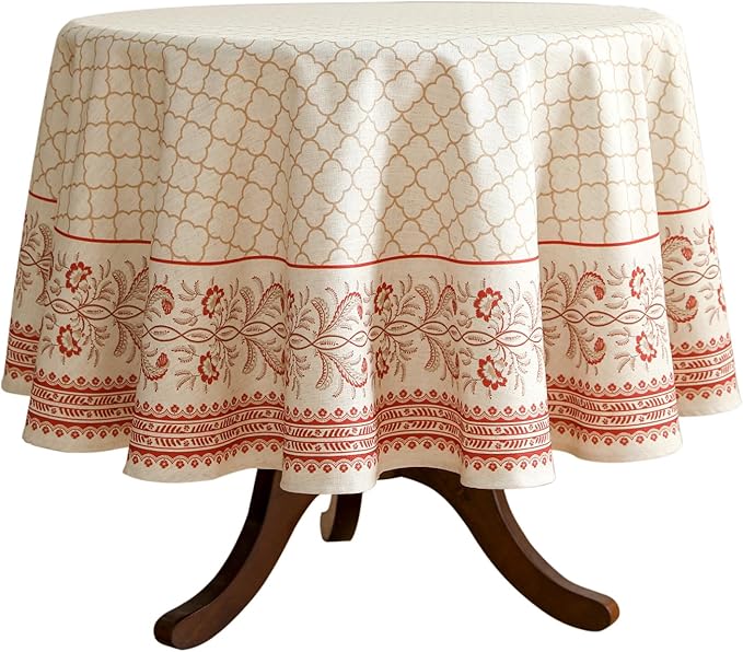 ISAENNE Designer Linen Floral Small Round Tablecloth, Pale Yellow Farmhouse by Isaennehomedecoration