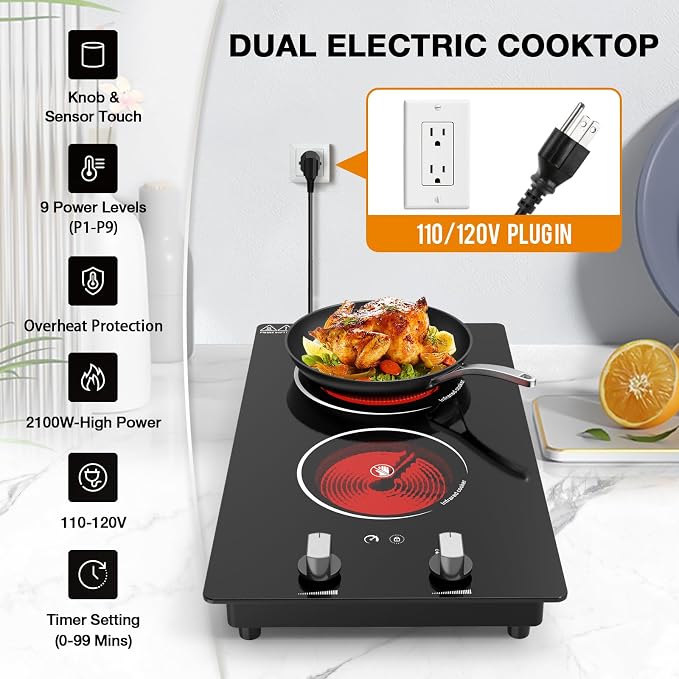2 Burner Electric Cooktop, 2100W Electric Stove Top Hot Plate, 12 inch - Image 2