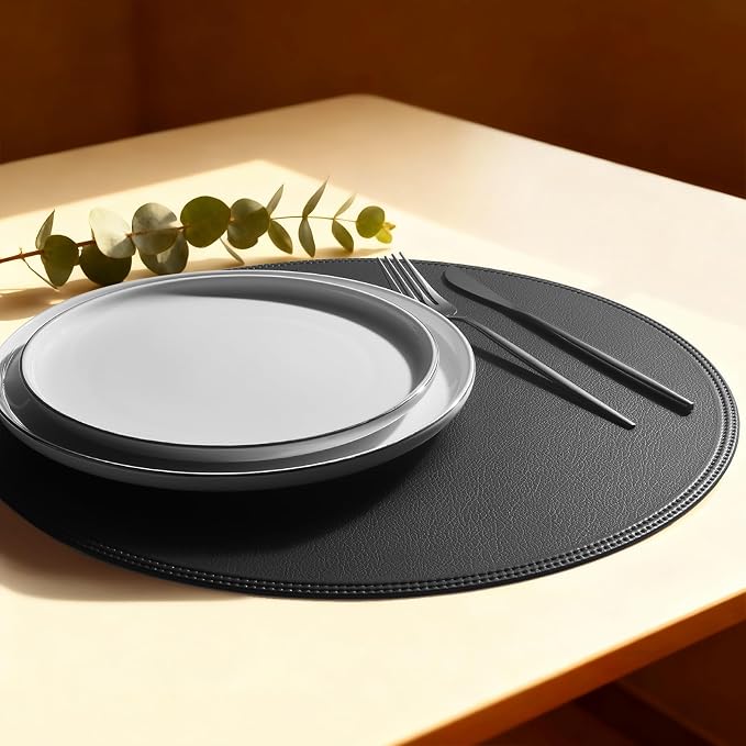 Round Vinyl Black Placemats Set of 6, Faux Leather Waterproof Wipeable Heat by Rinpon