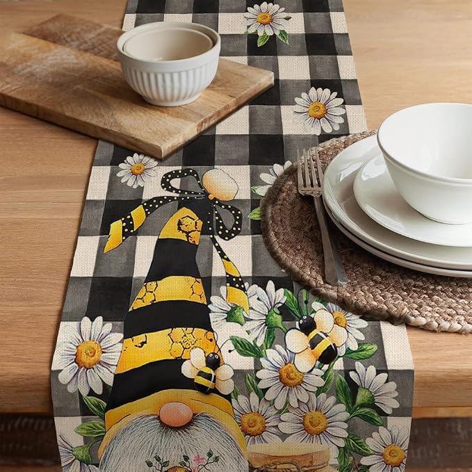 Seliem Spring Bee Gnome Table Runner, Honey Black White Buffalo Plaid Check - Image 5