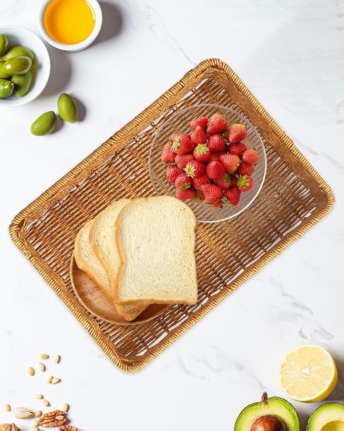 Woven Bread Basket, 3 Pack Wicker Fruit Baskets Rattan Bread Basket Poly Wicker - Image 6