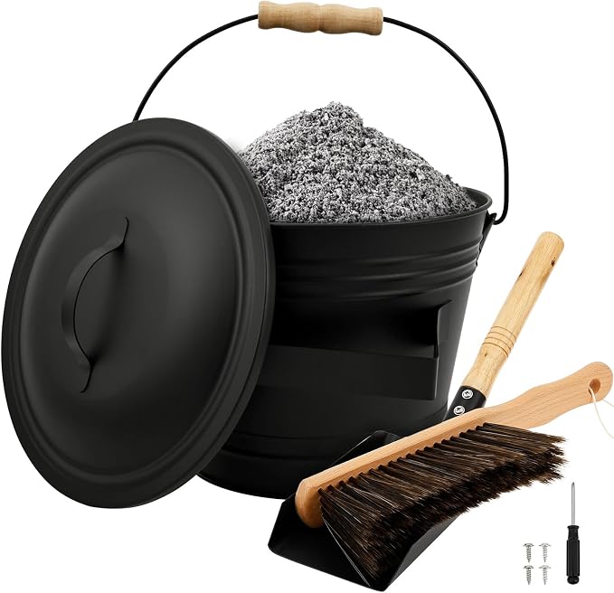 1.5 Gallon Ash Bucket with Lid and Shovel Broom Metal, Fireplace Ash Bucket - Image 8