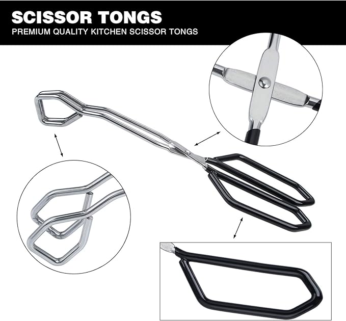 Tongs 2-Pack, 11-Inch Black Stainless Steel Scissor Tongs