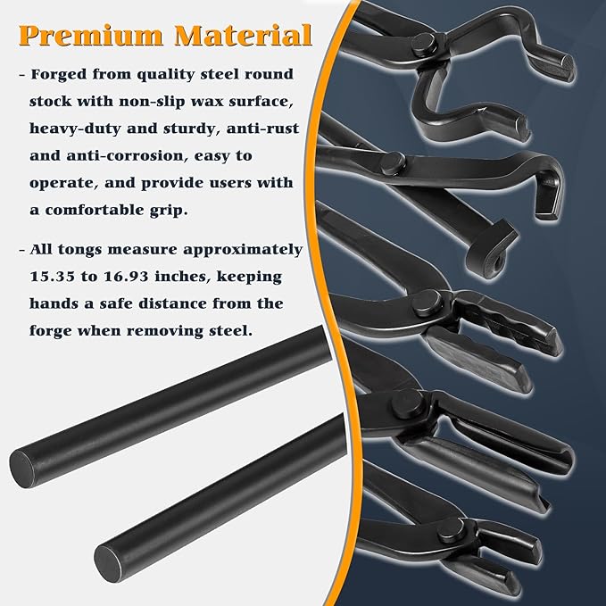 Tongs Set, 5-Piece Black Steel with V-Bit and Wolf Jaw